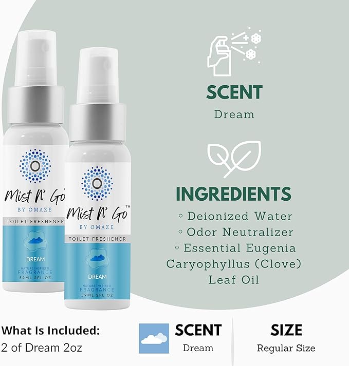 Mist N’ Go by Omaze Travel Bathroom Spray for Toilet Spray Odor Eliminator - Travel Toilet Spray for Bathroom Air Freshener Spray for Bathroom Deodorizer - Dream Regular Size (2oz x2)