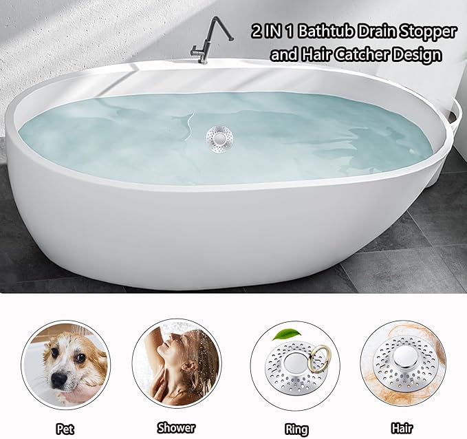 Tub Stopper Bathtub Drain Hair Catcher, 2 in 1 Bathtub Drain Stopper, Bathtub Stopper with Dual Filtration Design, Pop Up Bathtub Drain Plug for 1.4-1.9" Drain Hole