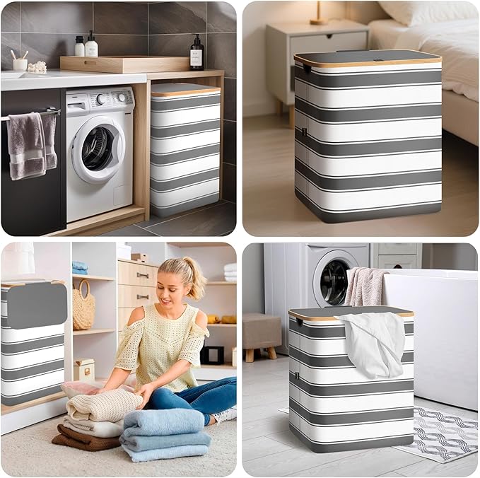 BALEINE Laundry Hamper with Lid, Tall Laundry Baskets with Bamboo Pull Handles, Large Laundry Bin with Internal Support (36 Gal/140L, Grey Stripe)