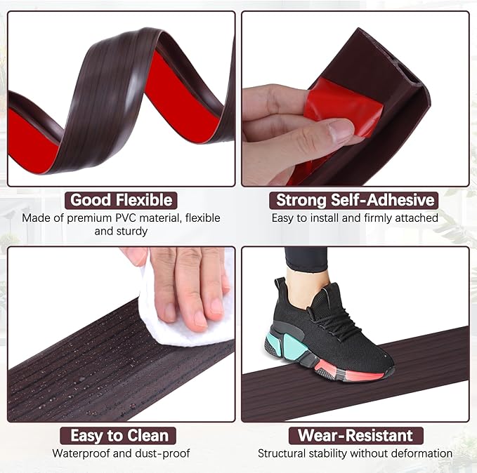 Vinyl Door Threshold Flooring Transition Strip Self Adhesive Carpet Edging Strip for Laminate Doorway Edge Threshold from 3/5" to 4/5" (Black Walnut Wood Grain, 10 Ft)