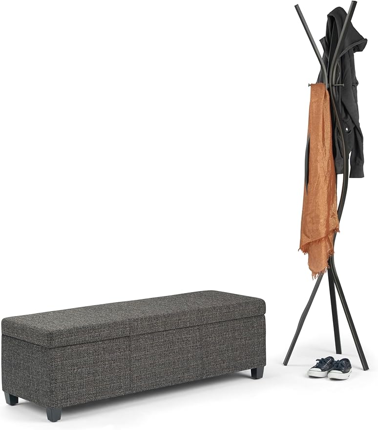 SIMPLIHOME Avalon 48 inch Wide Contemporary Rectangle Storage Ottoman Bench in Dark Grey Tweed Look Fabric, Assembled, For the Living Room, Entryway and Family Room