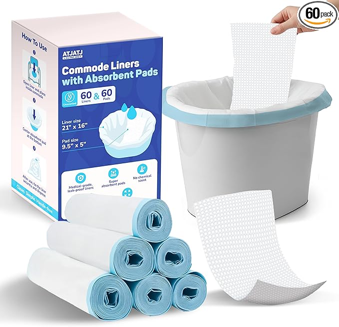 60 Packs Commode Liners With 60 Absorbent Pads, Leak-Proof Disposable Toilet Bags for Adults, Fits All Bedside Toilet Chairs Bucket, Portable Potty Liners for Home Medical Use, No Mess Cleanup