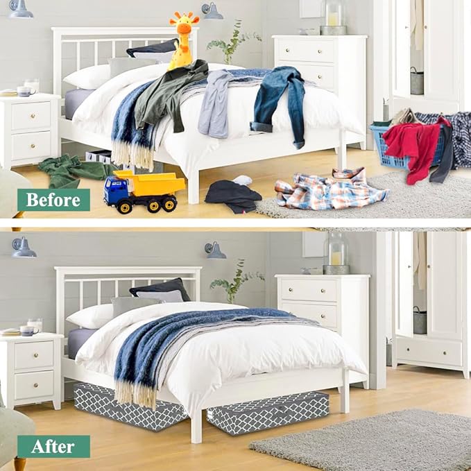 punemi Under Bed Storage, 2-Pack 6.7 Inches Tall Underbed Clothes Storage Bags W/Sturdy Structure, Thick Fabric Storage Containers Drawers With Zipper Lid, College Dorm Room Under Bed(Lantern Pattern)
