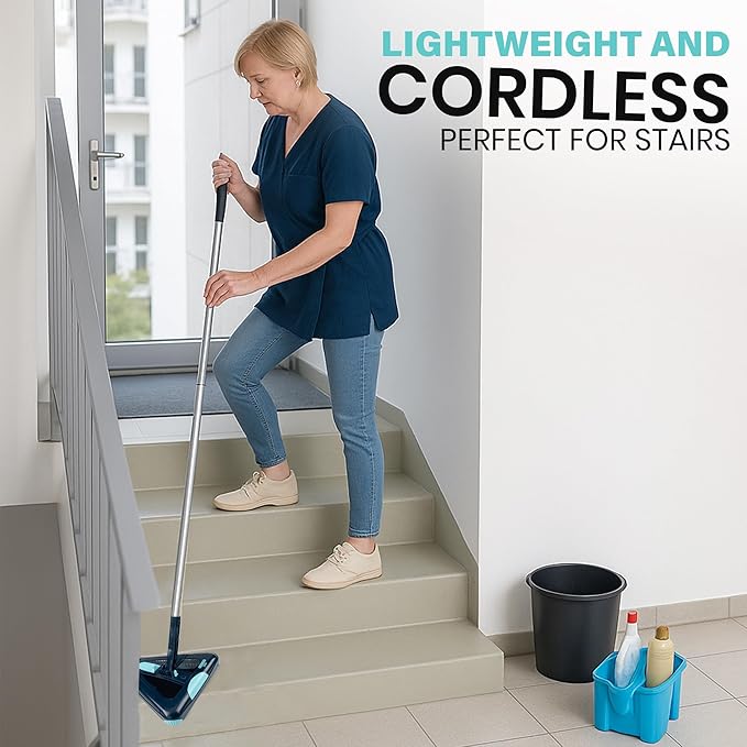Zippi Sweeper Max Plus - 2025 Version Lightweight Sweeper, Triangular Design Allows for Sweeping in Corners, Perfect for Short Carpet Hardwood and Tile, LED Light, 1 Hr Cleaning Time