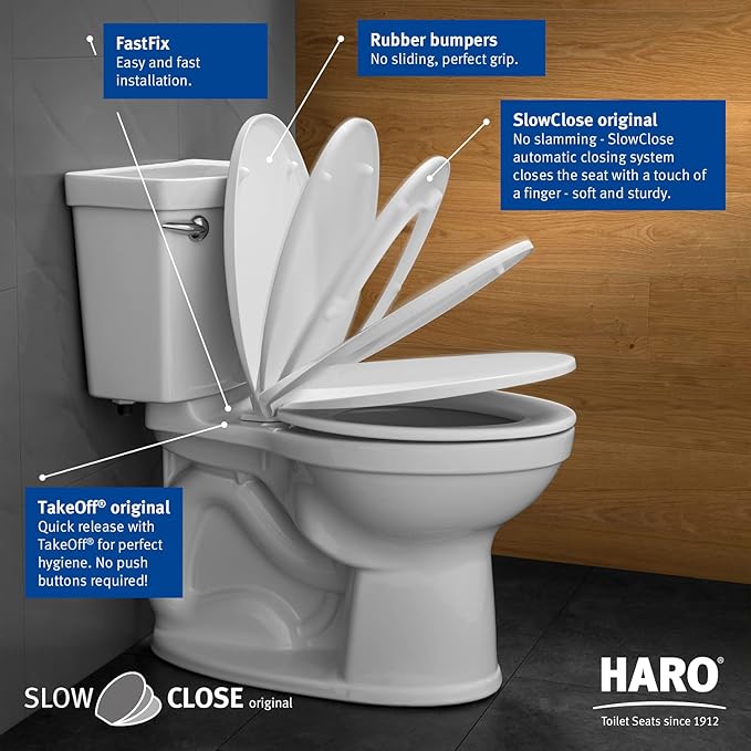 HARO | ELONGATED Toilet Seat | Slow-Close-Seat | Heavy-Duty up to 550 lbs, Quick-Release & Easy Clean, Fast-Fix-Hinge, No-Slip Bumpers, White | Advanced (PP) | 18.5" x 14.5" x 2.32"