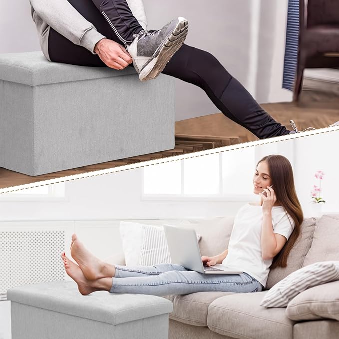 Athena Collection 30" Storage Ottoman Bench Folding Bench with 90L Hidden Storage, Large End of Bed Bench Linen Foot Rest Stool Chest with Flipping Lid for Living Room, Bedroom, Entryway, Light Gray