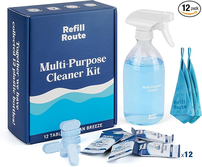 Multi-surface Cleaner Kit, Bathroom Cleaner Spray Tablets & Spray Bottle All Purpose Cleaner, 12 Tablets Multipurpose Cleaner Refills with Reusable Glass Bottle, Plant Based - Ocean Breeze