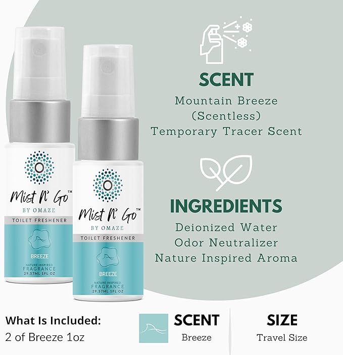 Mist N’ Go by Omaze Travel Bathroom Spray for Toilet Spray Odor Eliminator - Travel Toilet Spray for Bathroom Air Freshener Spray for Bathroom Deodorizer - Breeze Travel Size (1oz x2)