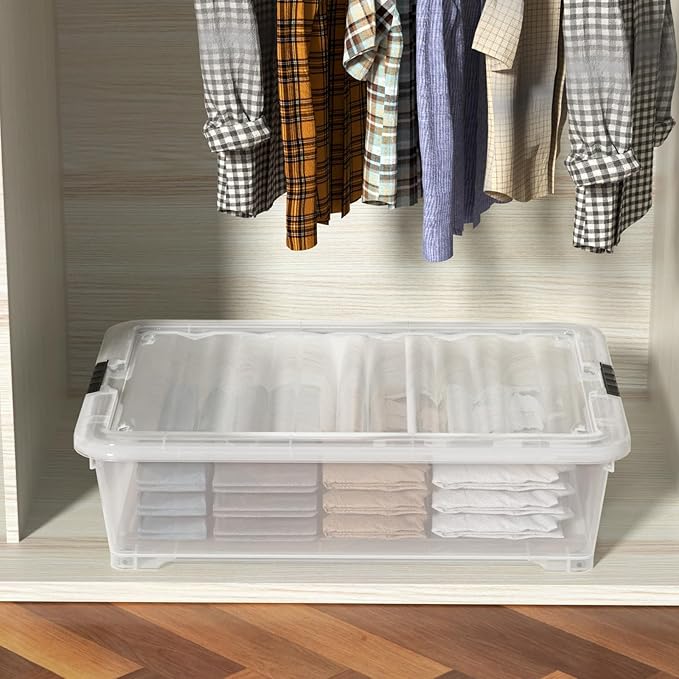 50 Quart Plastic Under Bed Storage Boxes, Clear Under Bed Storage Containers with Wheels, 3-Pack