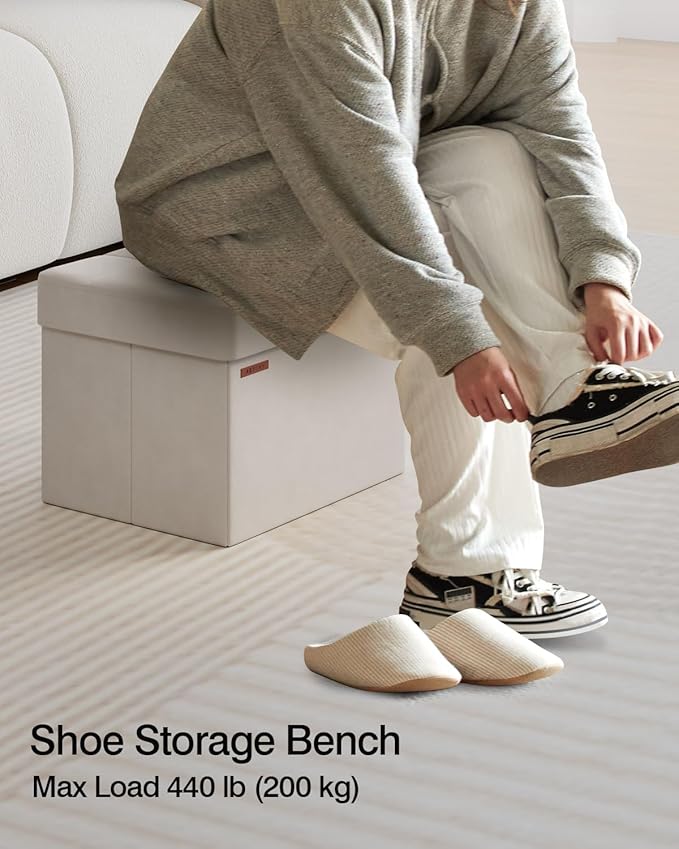 Folding Storage Ottoman, Velvet Storage Bench, Footrest, End Stool, Foot Stool,for Living Room, Bedroom and Office,12.2 x 16.1 x 12.2 Inches, 300 kg Load Capacity,Cream White, UASND03W