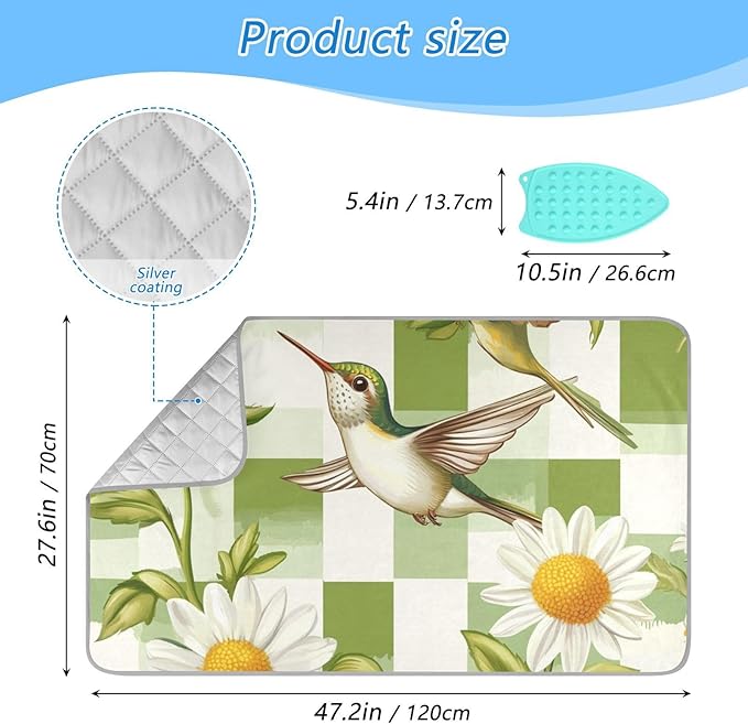 Ironing Mat Portable Ironing Pad Ironing Blanket for Table Top Heat Resistance Double-Side Using Travel Large 47.2 x 27.6 Inch Foldable Lightweight Checkered Green and White Hummingbirds