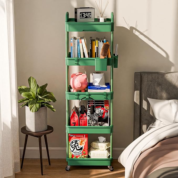 5 Tier Rolling Cart Organizer,Bathroom Cart Organizers with Wheels Laundry Room Organization Mobile Shelving Unit Utility Cart Storage Shelves Multi-Functional for Office, Home(Green)