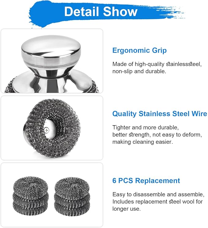 7PCS Steel Wool Scrubber Pads, Stainless Steel Scrubber Set with 1PCS Handle, Metal Scrubbers for Cleaning Kitchen and Household, Dishes, Stoves, Grill, Wash Sink, Pots