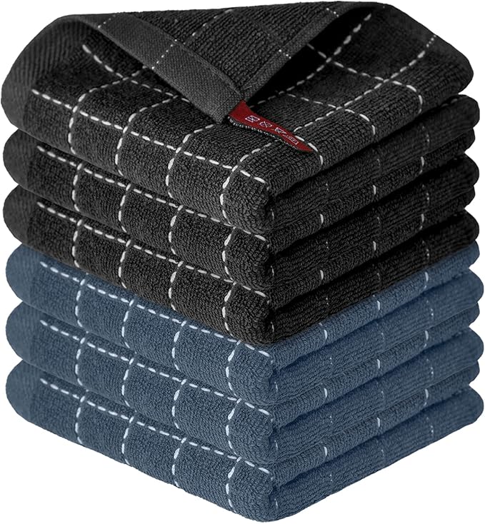 Artoid Mode Checkered Designed Cotton Black Grey Terry Kitchen Dish Cloths, 12x12 Inch Soft Absorbent Quick Drying Cleaning Kitchen Rags Set of 6