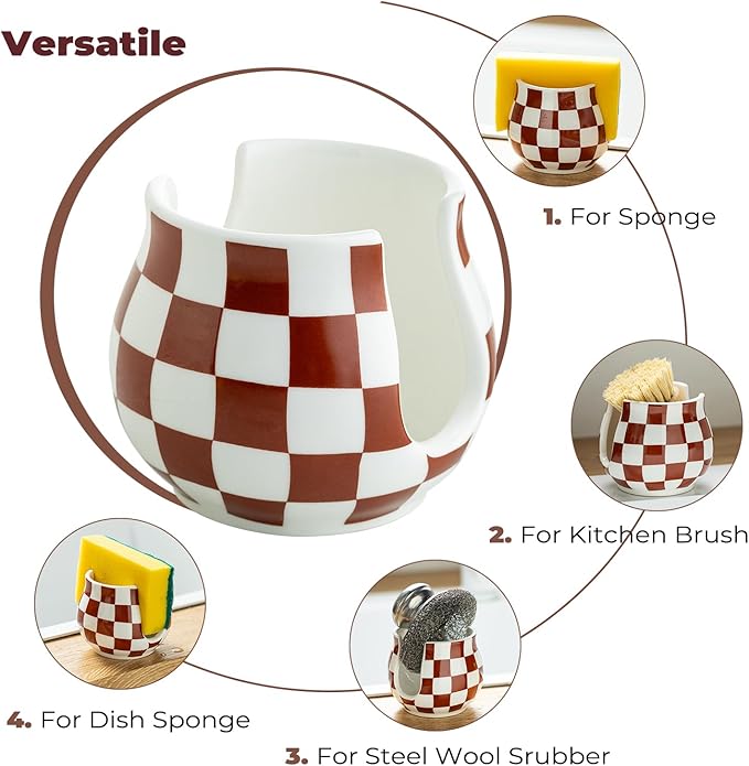 Checkered Sponge Holder for Kitchen Sink Counter, Ceramic Dish Sponge Caddy White Sink Organizer Dish Rack Farmhouse Brush Holder for Bathroom, Brown and White