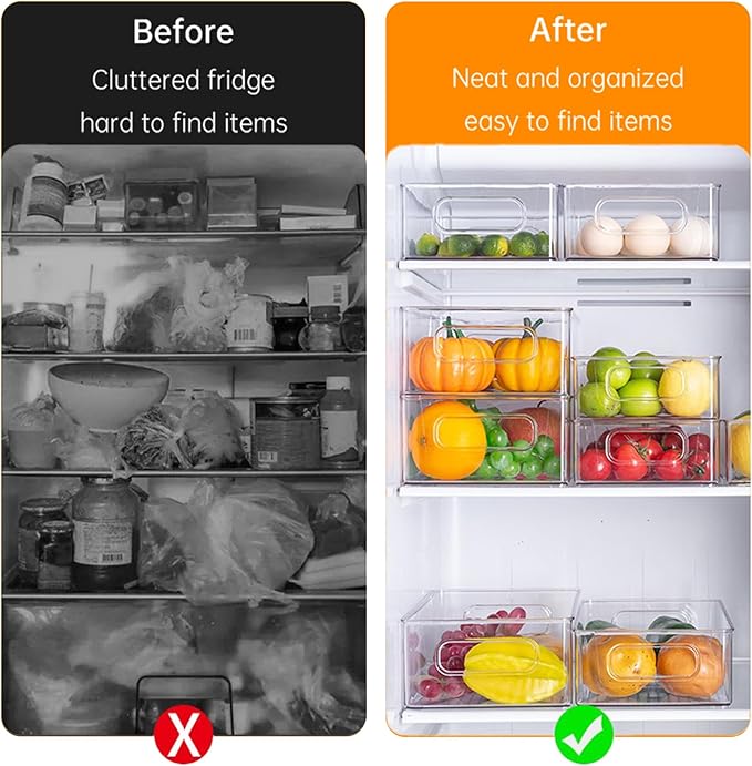 6 Pack Refrigerator Organizer Bins,3 Sizes Clear Pantry Storage with Handles and 30 PCS Plastic Bags for Fridge, Freezer, Shelves, Drawer, Bins, Snack Organizer for Home & Kitchen