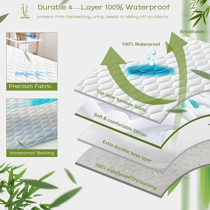 GRT California King Mattress Protector Waterproof, Rayon from Bamboo, Cooling Quilted Fitted Mattress Pad, Noiseless Waterproof Mattress Cover, fits up to 21" Deep, Dust Proof White