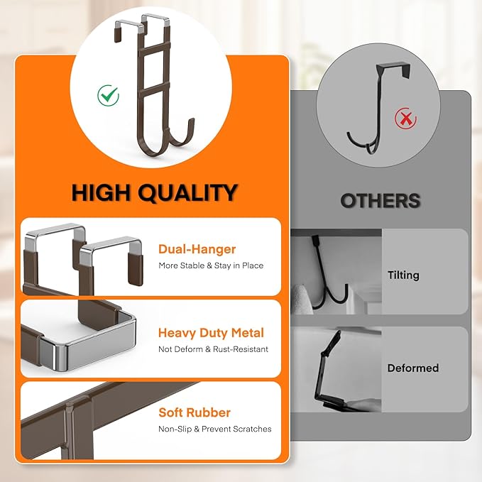 FYY Over The Door Hooks - 4 Pack Heavy Duty Dual-Hook Organizer Hanger with Non-Slip Rubber for Towels, Clothes, Hats & Bags Use in Bathroom, Bedroom, Kitchen - Fits Interior Doors Up to 1.6" Brown