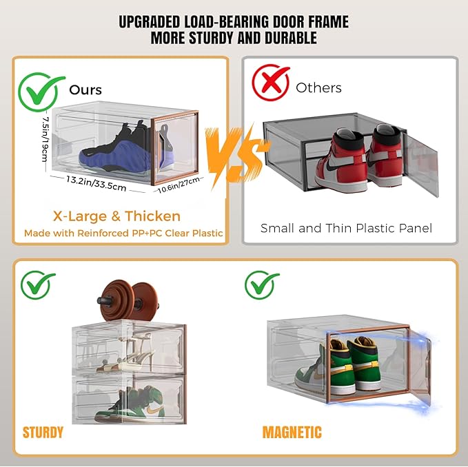 X-Large Stackable Shoe Boxes - Clear Plastic Shoe Storage Boxes with Magnetic Door, Thicken Shoe Organizer for Closet, Space Saving Foldable Shoe Containers Bins for Sneaker Boot - 6 Pack(Brown)