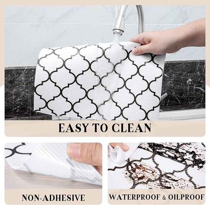 Glotoch Shelf Liner for Kitchen Cabinets,12" x 20Ft Non Adhesive Drawer Liners for Kitchen Cabinets,Waterproof and Durable Refrigerator Liners, Cabinet Liner for Shelves Fridge Black and White