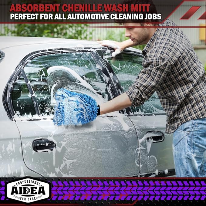 AIDEA Car Wash Mitt Microfiber-2PK, Scratch-Free& Lint-Free, Premium Chenille Microfiber Wash Mitt-Blue Regular Size (7.12''X10.14'')