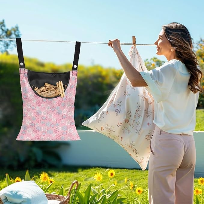 Clothes Pin Hanging Bag, Clothes Pins Bag Holder Outdoor 4.Stylish Clothespin Bag with Hanging Rope for Clothes Pin and Clothespin - Flower Pink