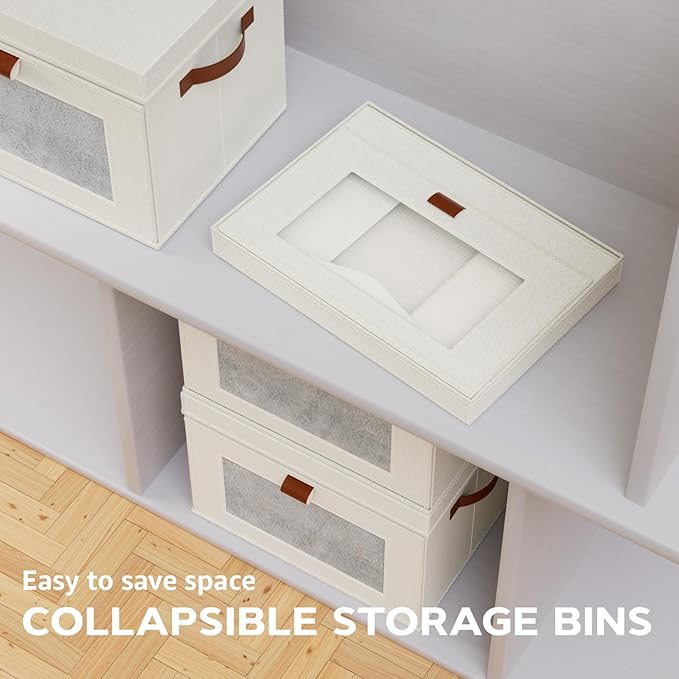 Large Storage Bins with Lids,Stackable&Collapsible Closet Storage Bins,Oxford Fabric Organizer Box with Clear Window,Large Decorative Storage Boxes for Shelves,Wardrobe,Living Room(Beige)