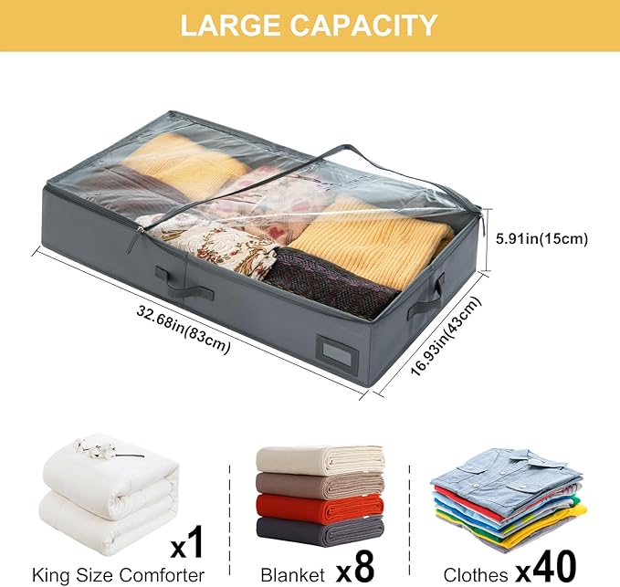 6-Inch Under Bed Storage Containers (2-Pack) | Sturdy Sidewalls | Clear Cover & Label Holder | Foldable Closet Organizer | Stores Clothing/Blankets/Sweaters/Sheets