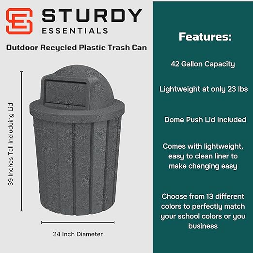 42 Gallon Slated Circle 100% Recycled Plastic Heavy Duty Outdoor Trash Can with Push Open Dome Lid and Internal Liner - Great for Schools and Businesses - Dark Granite