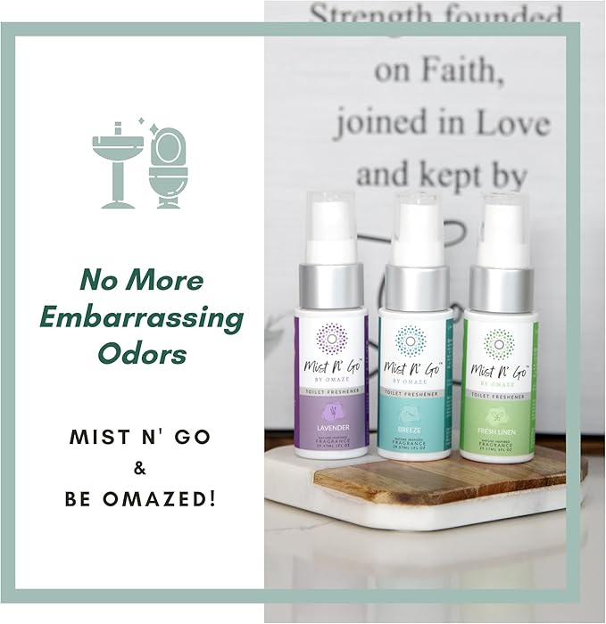 Mist N' Go by Omaze Travel Bathroom Spray - Toilet Odor Eliminator & Air Freshener - Fresh Linen (1oz x3)
