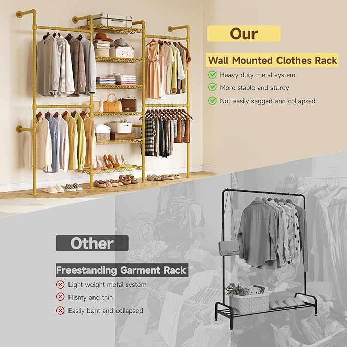 ONBRILL H3 Wall Mounted Closet System, Expandable Industrial Pipe Clothes Rack Clothing Rack for Hanging Clothes, Heavy Duty Closet Organizers and Storage in Wardrobe Closet, Gold