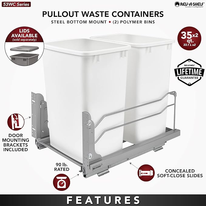 Rev-A-Shelf Double Pullout Trash Cans for Under Kitchen Cabinets 35 Quart 8.75 Gallon with Soft-Close Slides, Metallic Silver, 53WC-1835SCDM-217