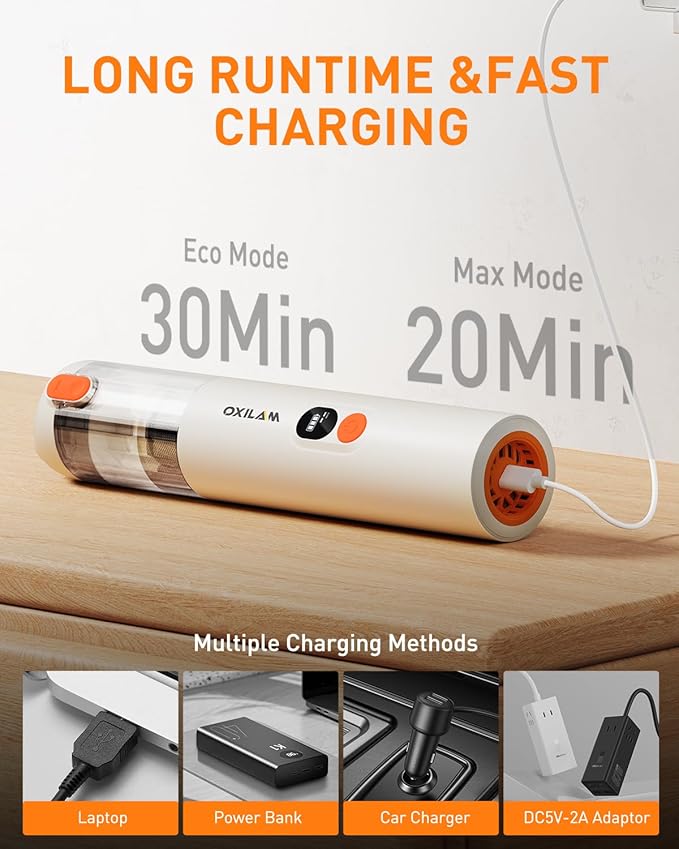 OXILAM 4 in 1 Car Vacuum - Handheld Vacuum 14000PA High Power, Portable Cordless Small Vacuum, Blow & Suction 2 in 1, Up to 30 Mins Runtime, Multi-Nozzles, Vacuum Cleaner for Home, Pet, Car, Office