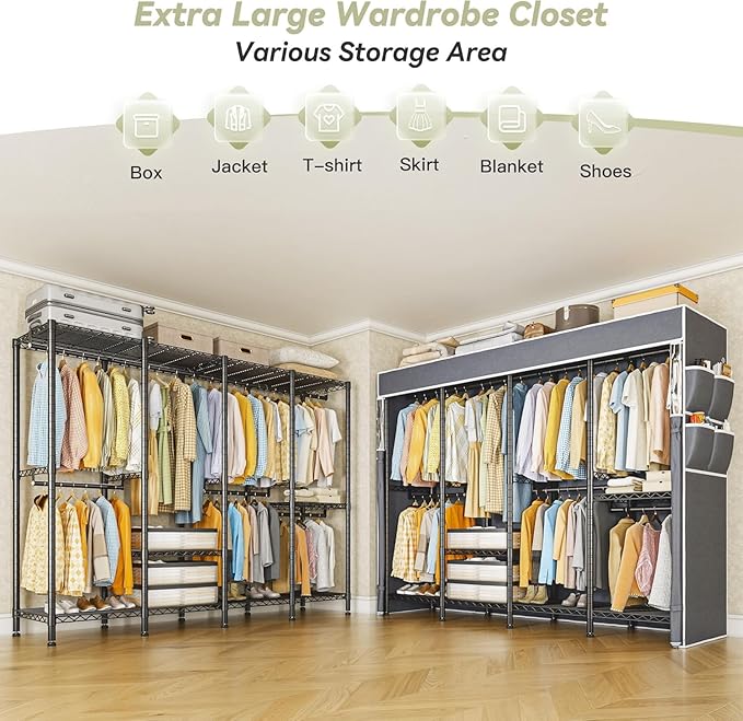 Raybee Clothes Rack with Cover,1150LBS Heavy Duty Clothing Rack for Hanging Clothes,Adjustable Portable,18" D x 76" W x 77" H,Black