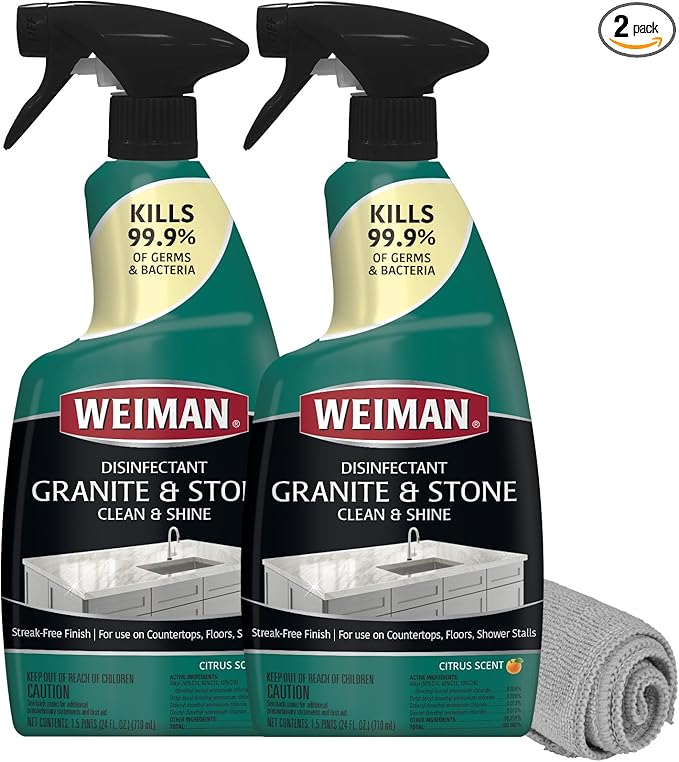 Weiman Disinfectant Granite Daily Clean & Shine (2 Pack with Polishing Cloth) Safely Clean Disinfect and Shine Granite Marble Soapstone Quartz Quartzite Slate Limestone Corian Laminate Tile Countertop