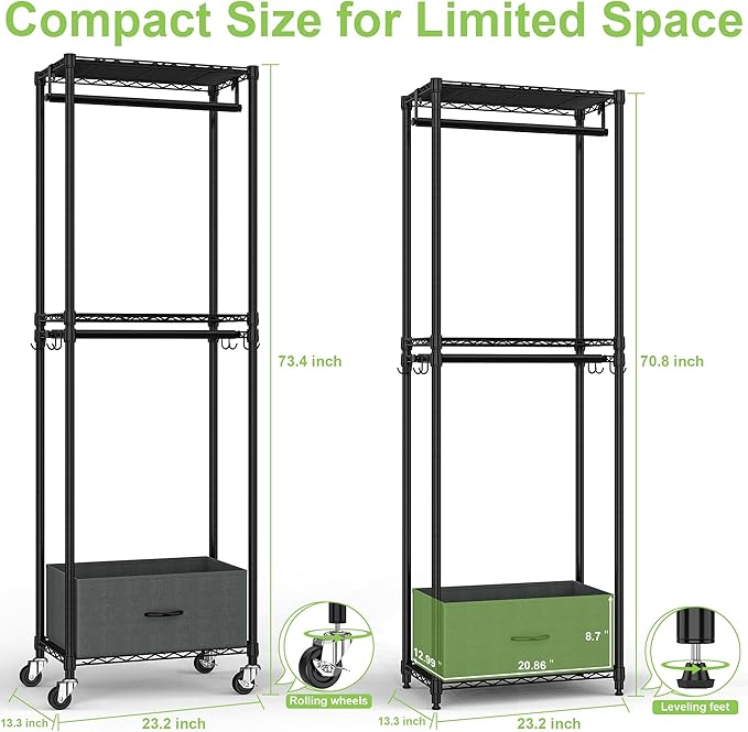 Clothes Rack with Drawers, Freestanding Rolling Garment Rack for Hanging Clothes, Closet Organizer Adjustable Metal Wire Shelving Wardrobe with Rods Portable Closet Shelf with Wheels, Black