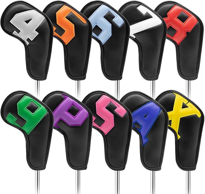 Barudan Golf Iron Club Head Covers Set Headcovers for Callaway Ping S5 - Big Colorful Number - Long Neck - Black Pu Leather fits Small Standard Oversized Golf Clubs 10pcs/Pack (Black+Color Number)