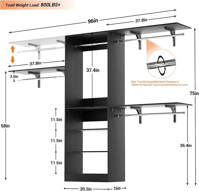 8FT Closet System with Shelves, 96'' Closet Organizer System with 3 Hanging Rods, Wall Mount Bedroom Wardrobe Walk-in Closet, Adjustable Cloth Garment Rack from 5 to 8FT (Cut to Fit), Black