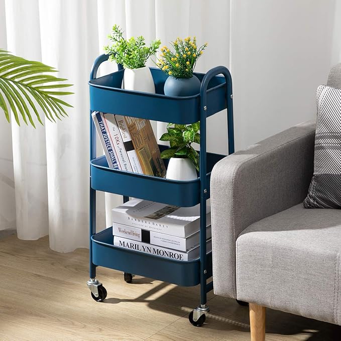 AGTEK Makeup Cart, Movable Rolling Organizer Cart, 3 Tier Metal Utility Cart,Navy Blue