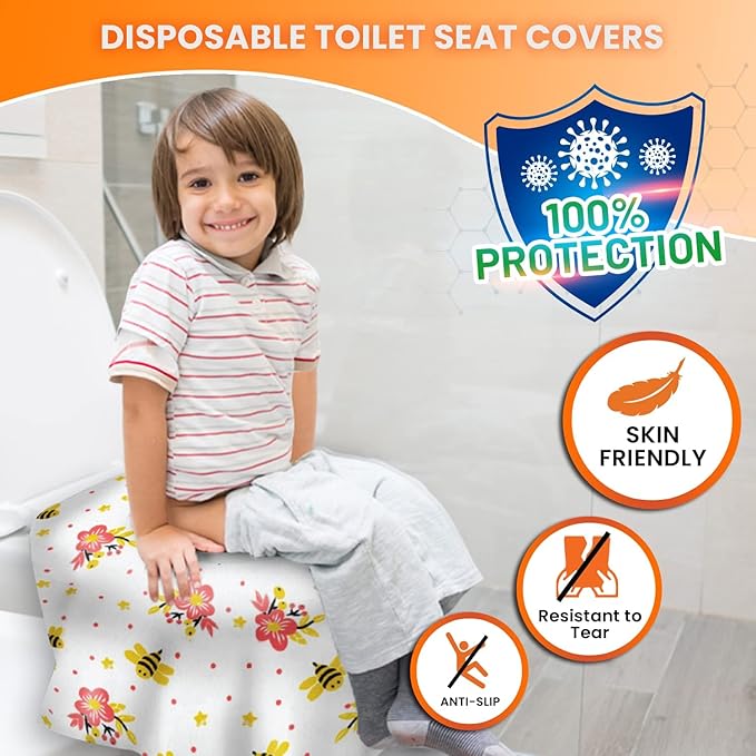 20 Extra Large Toilet Seat Covers Disposable for Kids & Adults-Toilet Covers Disposable for travel-Toddler Toilet Seat Cover Liners for Potty Training-Individually Wrapped-Waterproof (Bees)