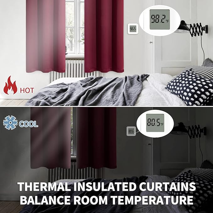 BGment Short Burgundy Blackout Curtains 45 Inches Length - Rod Pocket Thermal Insulated Room Darkening Window Drapes for Bedroom Kitchen Christmas Decorative, 42 x 45 Inch, 2 Panels