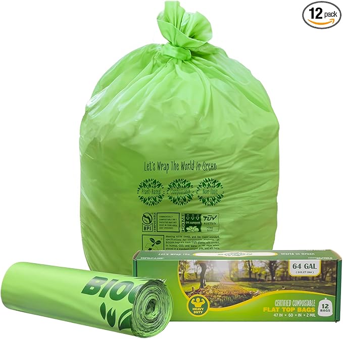 60-64 Gallon Compost bags BPI Certified Compostable Bags Heavy Duty Extra Thick 2 Mil, 242.27 Liter, 12 Bags, Leaf Bag, Lawn, Yard, and Restaurant Use, ASTM D6400, OK Compost Home Certified