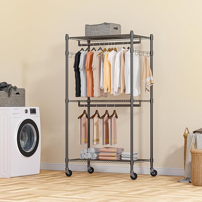 Homdox Garment Rack Heavy Duty, 3 Tier Rolling Clothing Racks for Hanging Clothes, Metal Wardrobe Closet, Free-Standing Clothes Organizer Rack with Double Rods & Side hooks, Gray