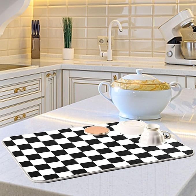 Black White Chessboard Dish Drying Mat for Kitchen Countertop 16x18 Plaid Checkered Rectangle Small Drying Mat Reusable Quick Dry Dish Sink Absorbent Mats Easy Clean Decorative Home Essentials