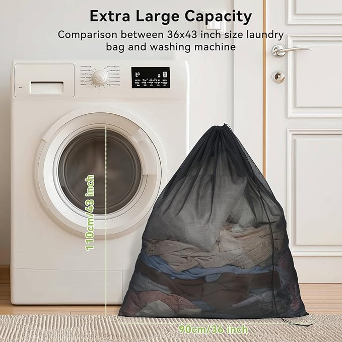 OTraki 2pcs Ex Large Mesh Laundry Bags 36x43 Inch Fine Mesh Washing Bag Drawstring Dirty Clothes Machine Washable Net Laundry Bag Heavy Duty Garment Bag for Home Travel Dorm Black