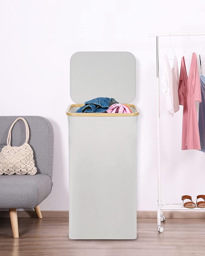 efluky Laundry Basket with Lid and Removable Bag, 100L Tall Laundry Hamper with Bamboo Handles, Aesthetic Dirty Clothes Bin for Laundry Room, Bathroom, Bedroom and Dorm, Light Grey