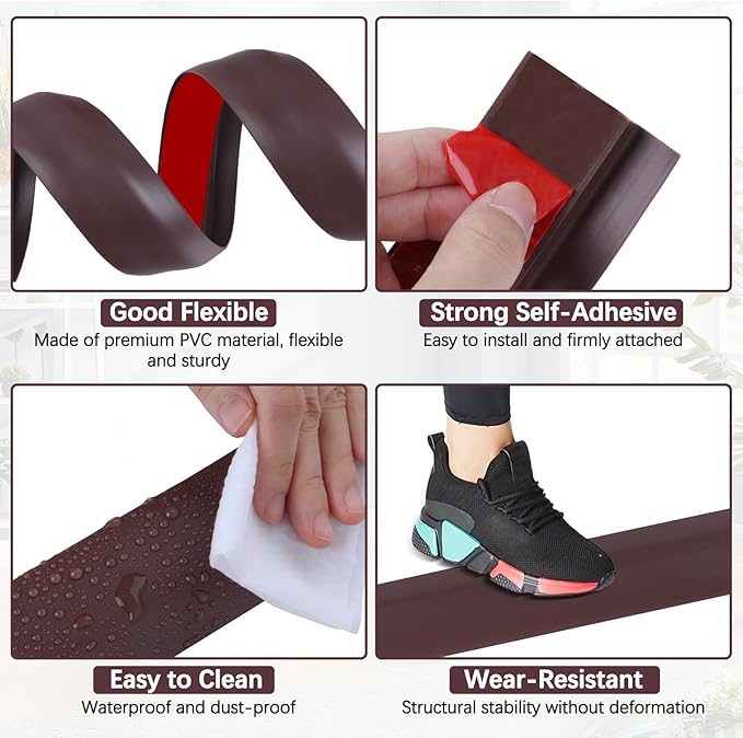 Vinyl Door Threshold Flooring Transition Strip Self Adhesive Carpet Edging Strip for Laminate Doorway Edge Threshold from 3/5" to 4/5" (Coffee, 6.6 Ft)
