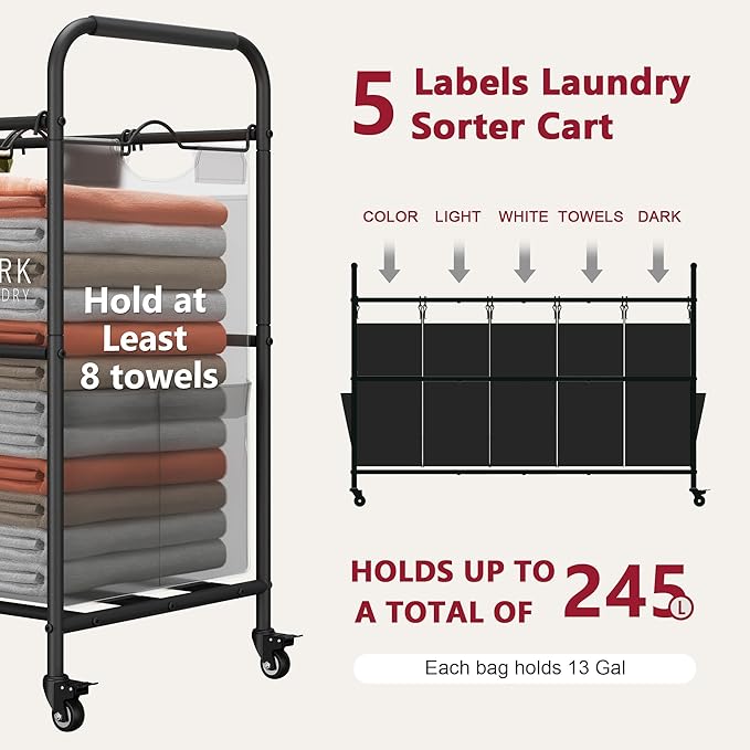 Tajsoon 5 Bag Laundry Sorter Cart, 5 Section Laundry Hamper with Heavy Duty Rolling Lockable Wheels, Laundry Basket Organizer with Removable Bags for Dirty Clothes Storage, Black