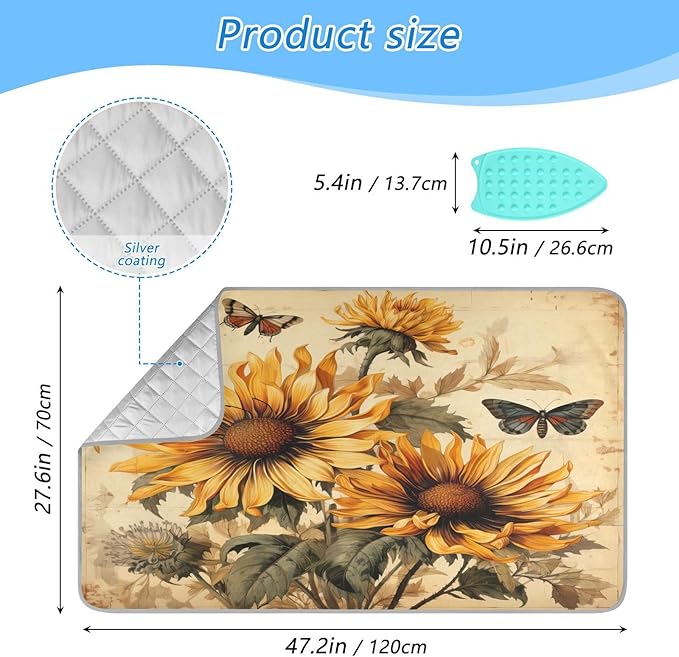 Retro Sunflowers and Butterflies Ironing Mat Thickened Ironing Blanket Travel Portable Double-Side Using Ironing Pad Travel Isolate Heat Pad Cover for Washer Dryer Table Top Countertop 27.6x47.