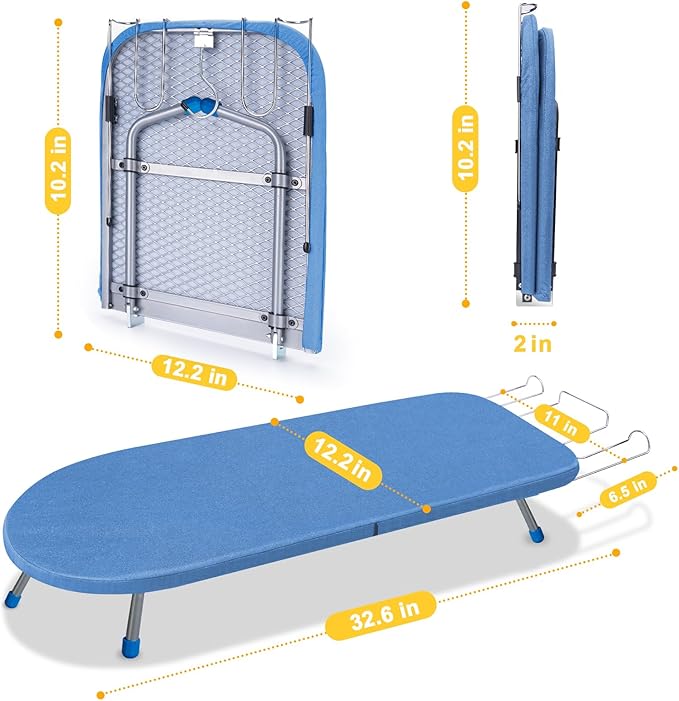 Tabletop Ironing Board with Iron Rest, 32" x12'' Metal Mesh Panel Mini Ironing Board with Heat Resistant Cover, Portable Small Iron Board Foldable for Dorms, Apartment and Travel, Blue